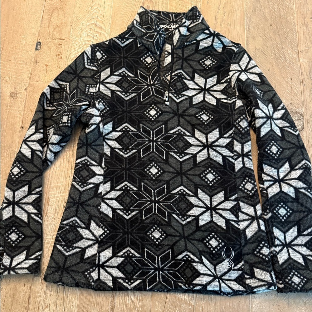 Spyder Snowflake Full Zip Sweater Cardigan Jacket Black Gray White Wms Size 10 - Picture 1 of 8
